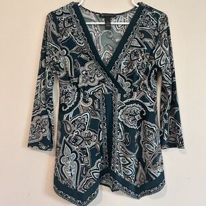 INC Babydoll Y2K Blouse Sz M Fairy Forest Green Paisley Rhinestones Asymmetrical